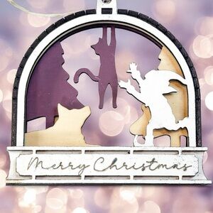 Handmade Layered Wood Ornament – Cat & Elf Christmas Scene • “Merry Christmas”